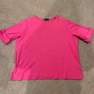 LAUREN RALPH LAUREN Hot Pink Rolled Cuff Womens Top w/ Button Accent